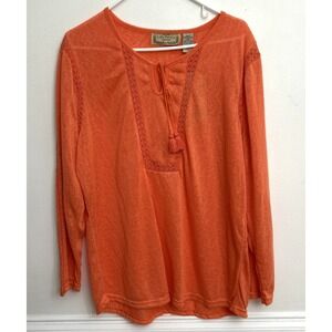 Life Style Shirt Top Orange Apricot Women's 1X Knit Lace Tassels